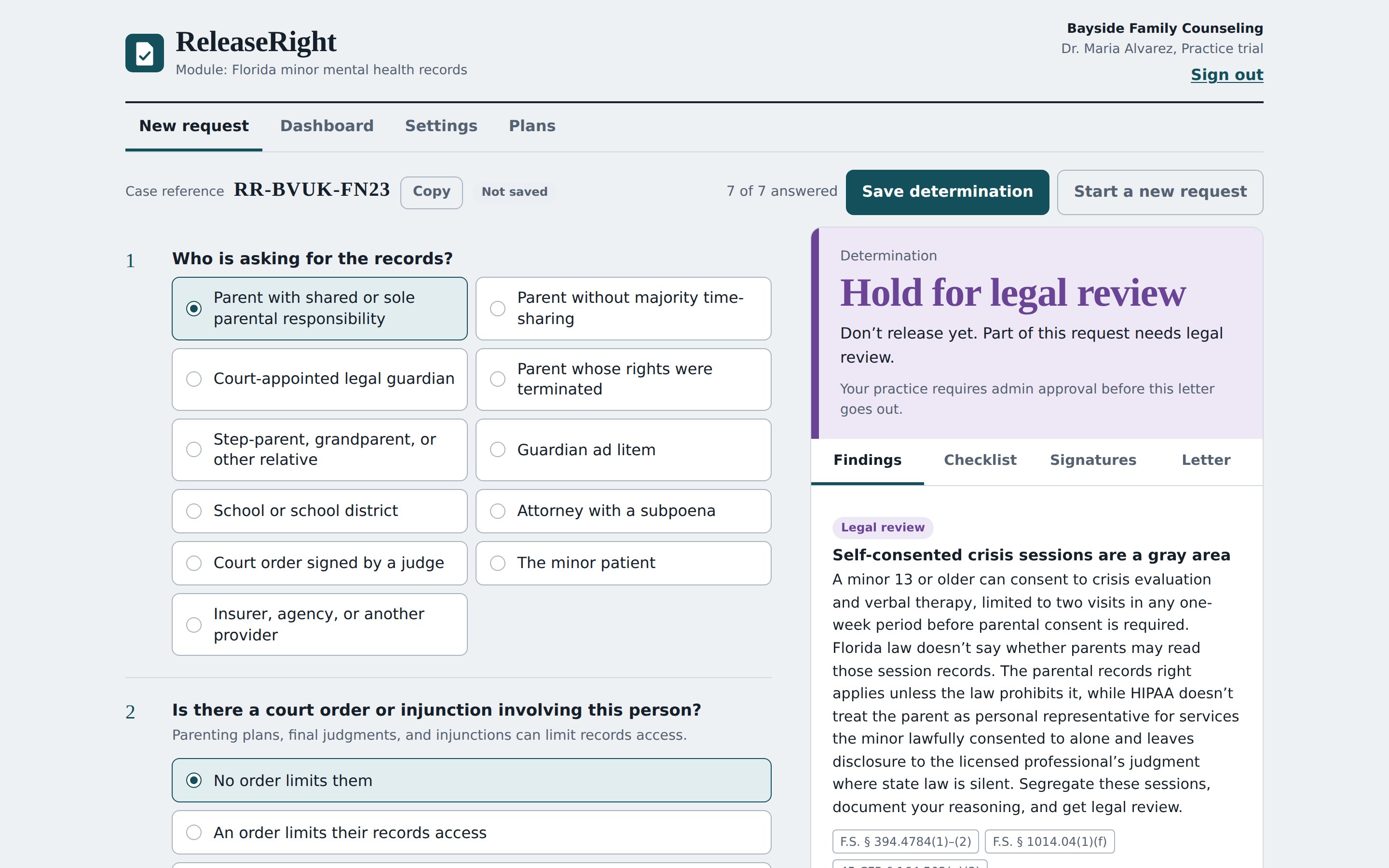The ReleaseRight request screen. A clinician has chosen a parent with shared parental responsibility as the requester, and the determination panel reads Hold for legal review.